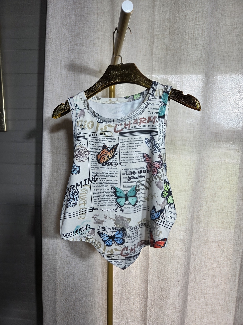 Newspaper Print Butterfly Sleeveless Crop Top - White Multicolor
